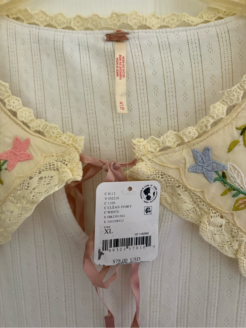 Free People Embroidered Peter Pan Collar SZ XL Cream Women's Top - Picture 2 of 3